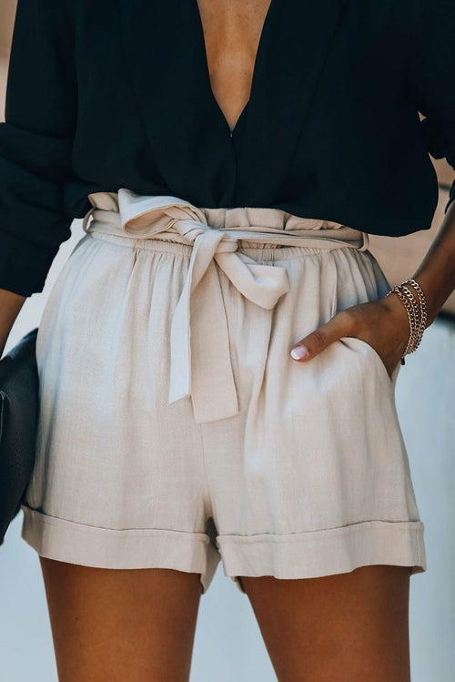 Cotton Pocketed Paper Bag Waist Women's Shorts