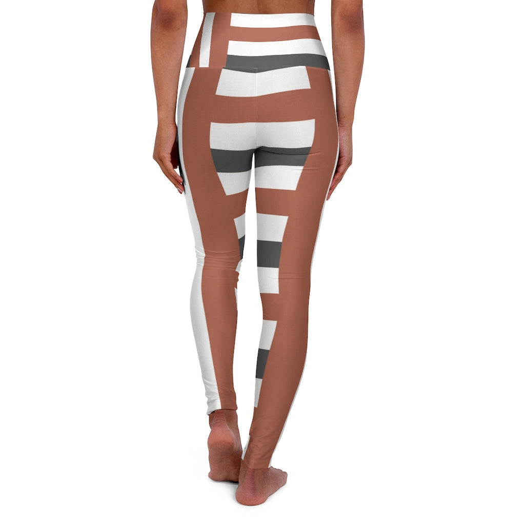 Womens High-waist Fitness Legging Yoga Pants - Brown Grey Stripped