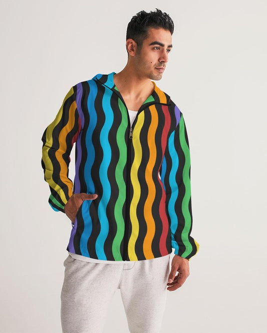 Mens Hooded Windbreaker - Rainbow Striped Water Resistant Jacket -