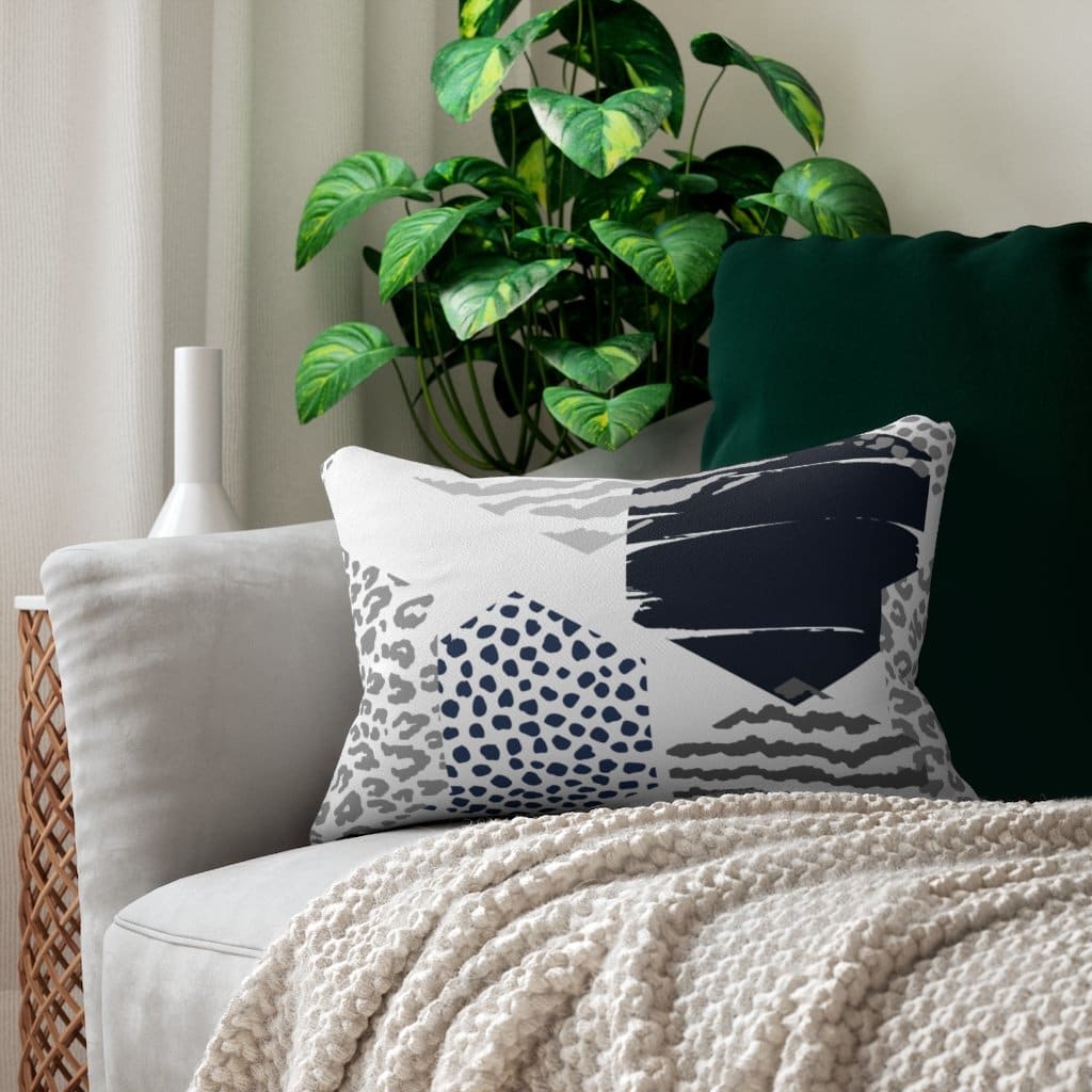 Decorative Lumbar Throw Pillow - Blue and Grey Geometric Pattern