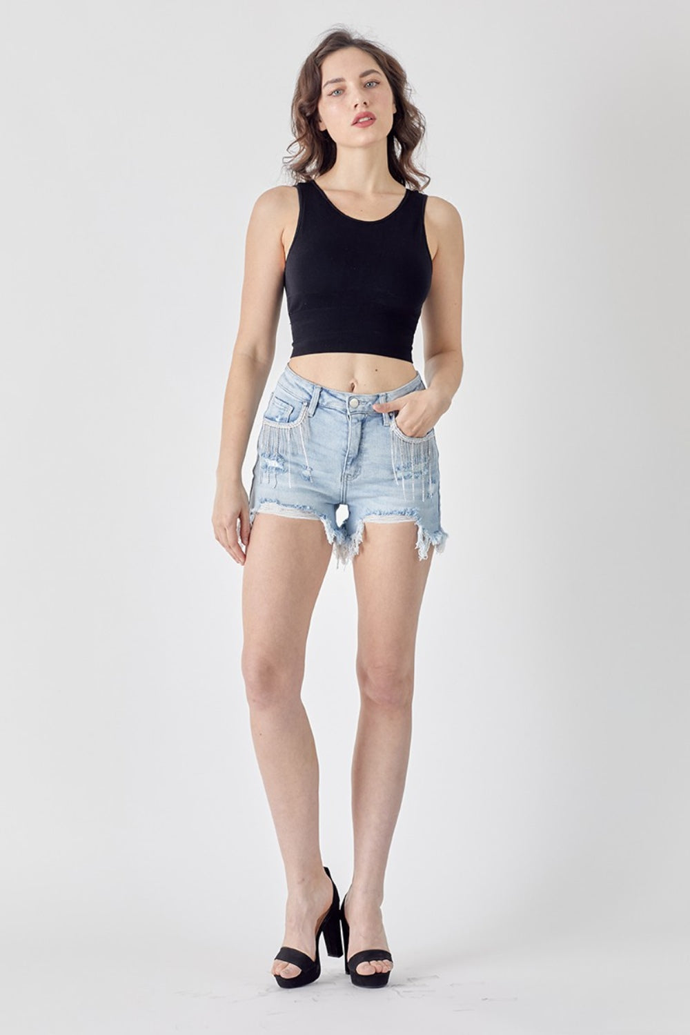 RISEN Frayed Hem Denim Women's Shorts with Fringe