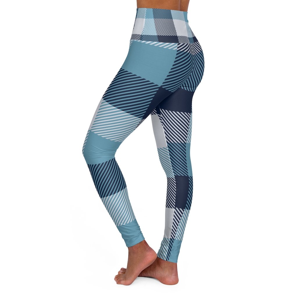 Womens High-waist Fitness Legging Yoga Pants - Blue White Plaid