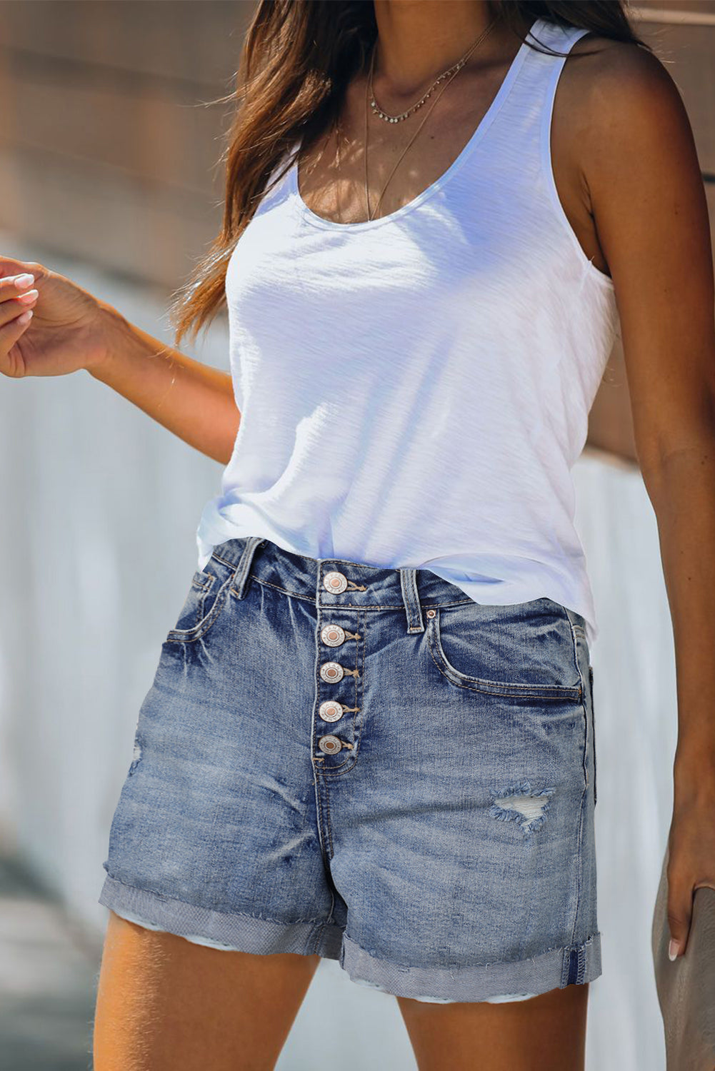 High Rise Button Fly Distressed Denim Women's Shorts