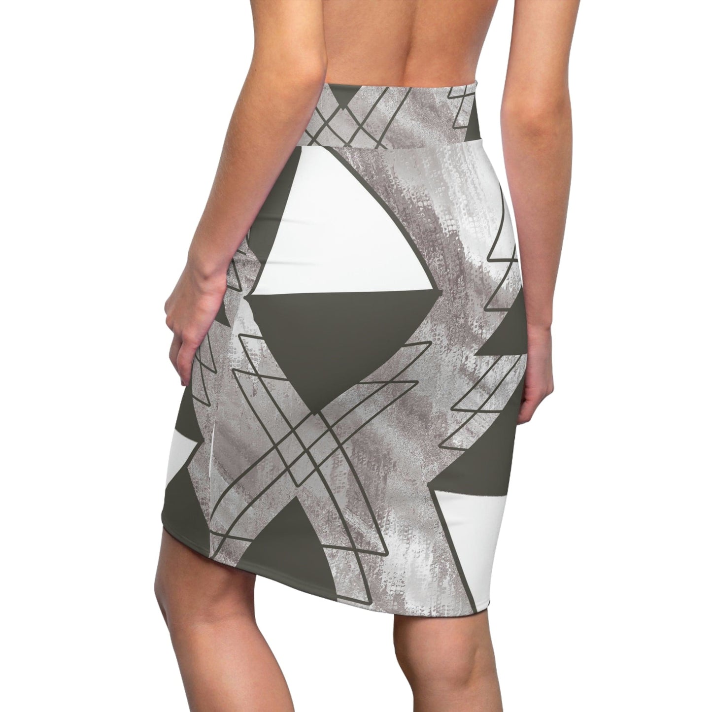 High Waist Womens Pencil Skirt - Contour Stretch - Ash Grey and White