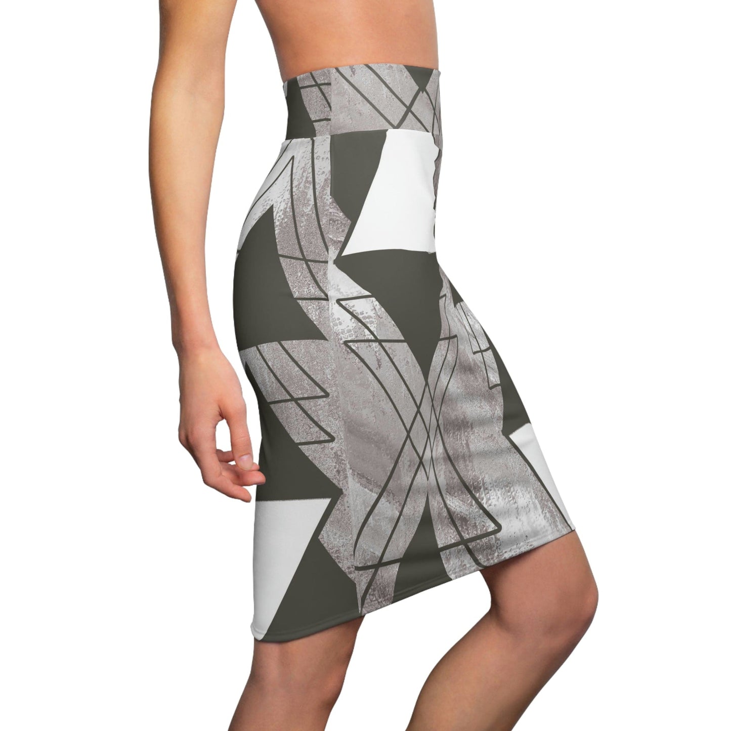 High Waist Womens Pencil Skirt - Contour Stretch - Ash Grey and White