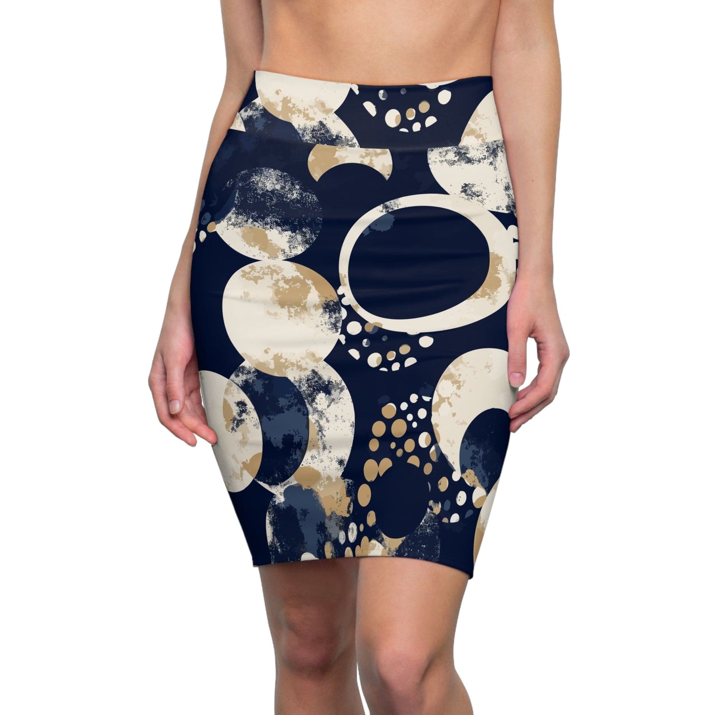 High Waist Womens Pencil Skirt - Contour Stretch - Navy Blue and Beige