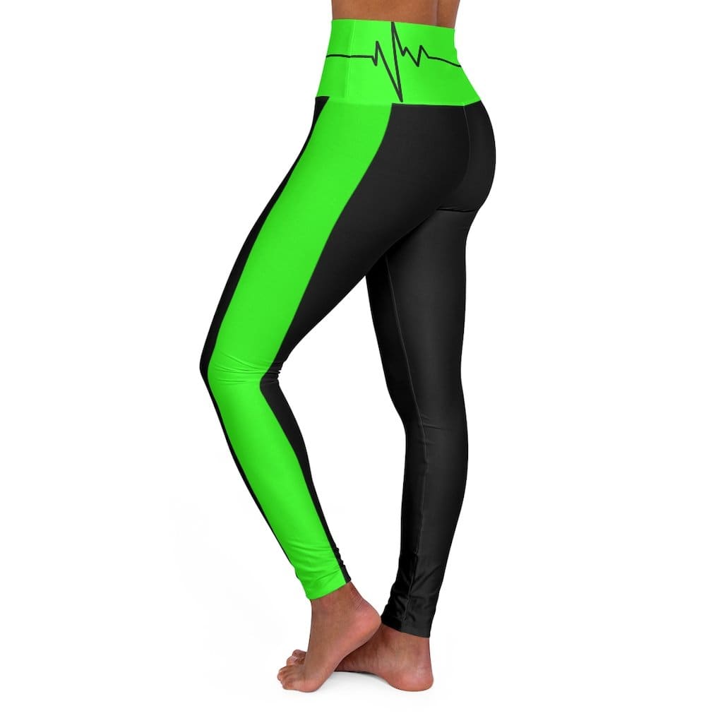 High Waisted Yoga Leggings - Black and Neon Green Beating Heart Sports