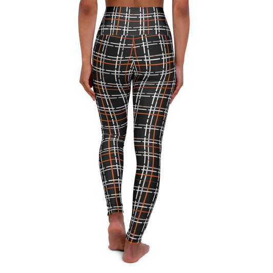 Womens High-waist Fitness Legging Yoga Pants - Black Orange Tartan