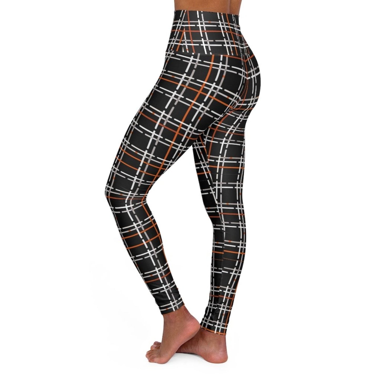 Womens High-waist Fitness Legging Yoga Pants - Black Orange Tartan
