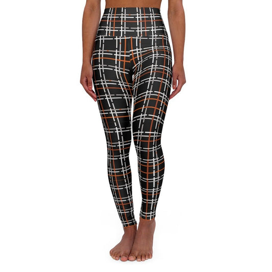 Womens High-waist Fitness Legging Yoga Pants - Black Orange Tartan