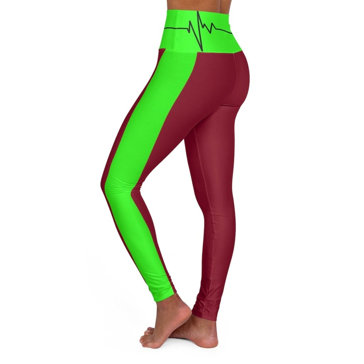 High Waisted Yoga Leggings - Dark Red and Neon Green Beating Heart