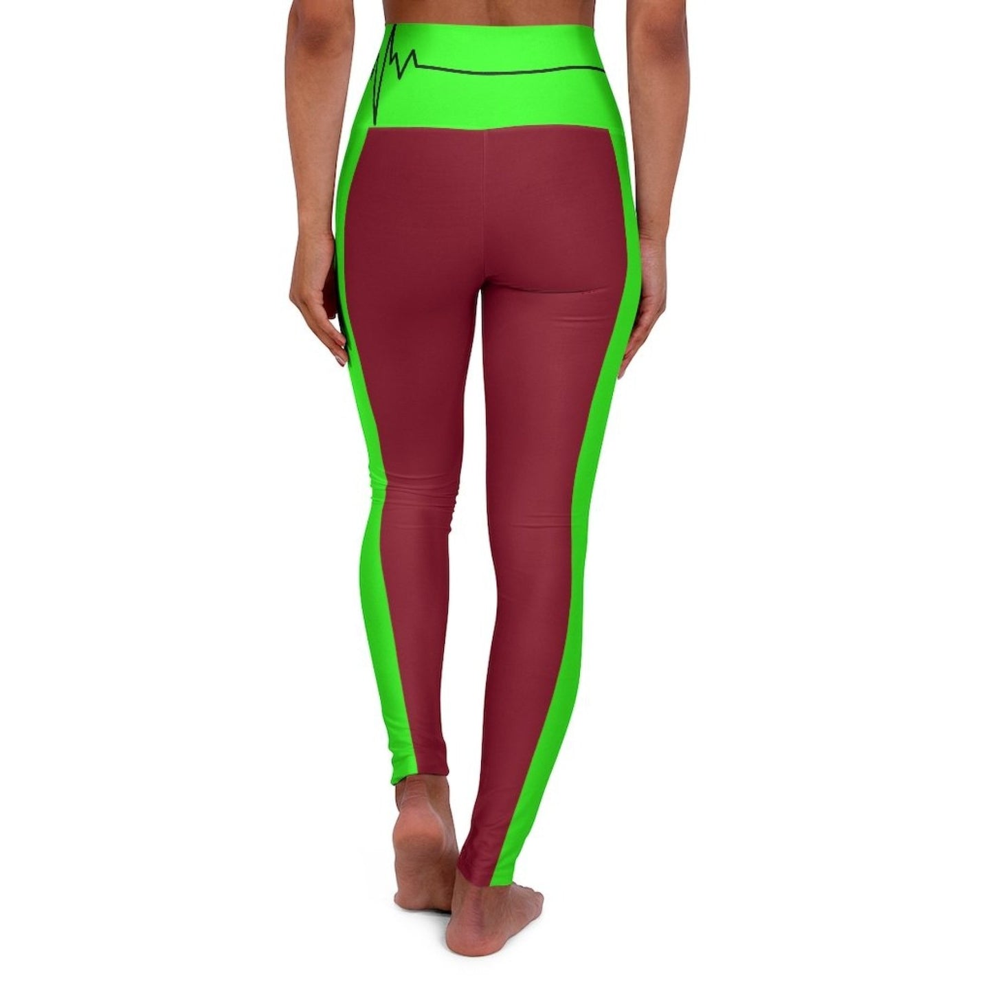 High Waisted Yoga Leggings - Dark Red and Neon Green Beating Heart