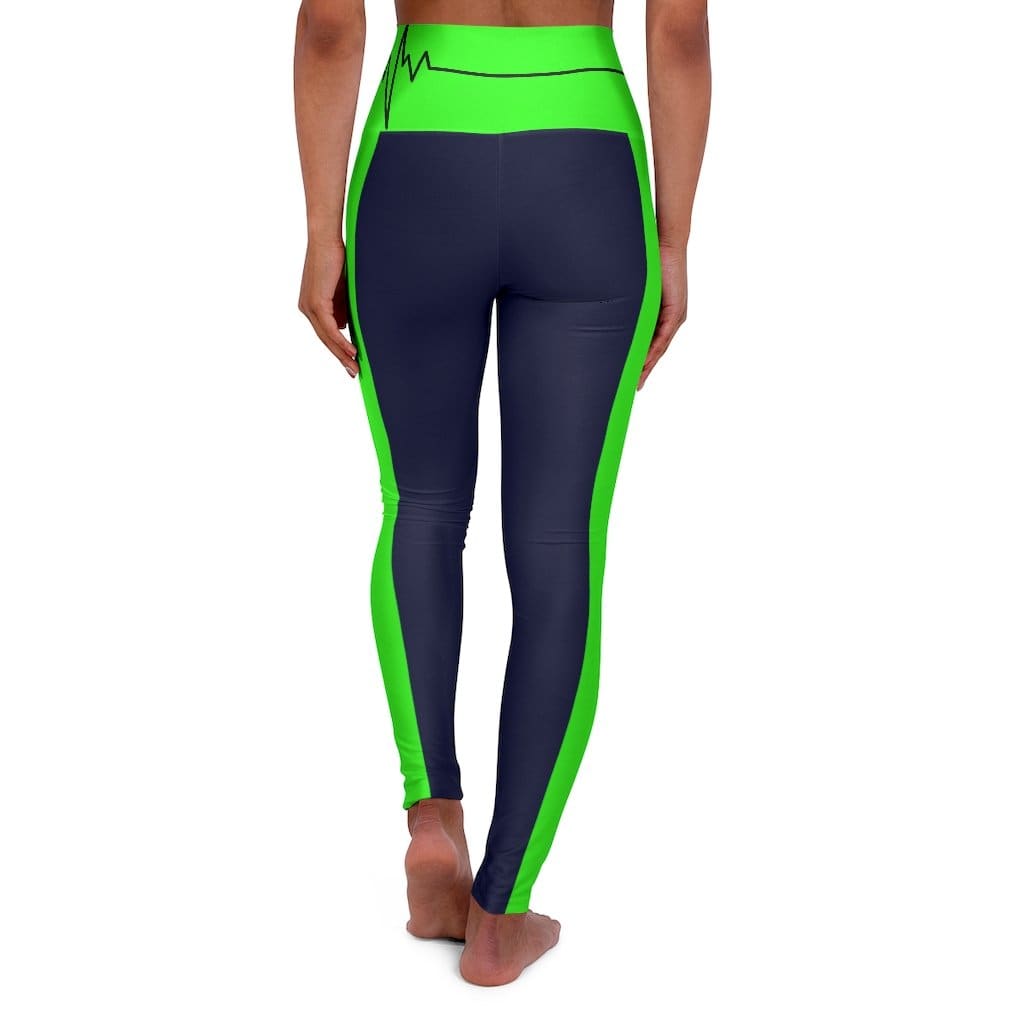 High Waisted Yoga Leggings - Navy Blue and Neon Green Beating Heart