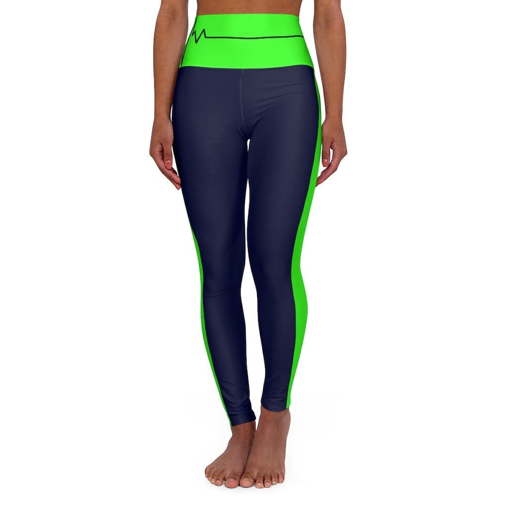 High Waisted Yoga Leggings - Navy Blue and Neon Green Beating Heart