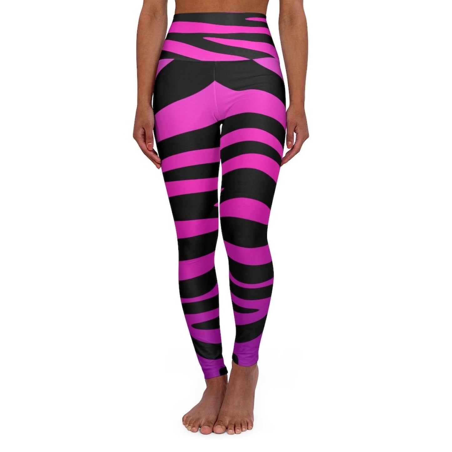 High Waisted Yoga Leggings - Purple and Black Stripes
