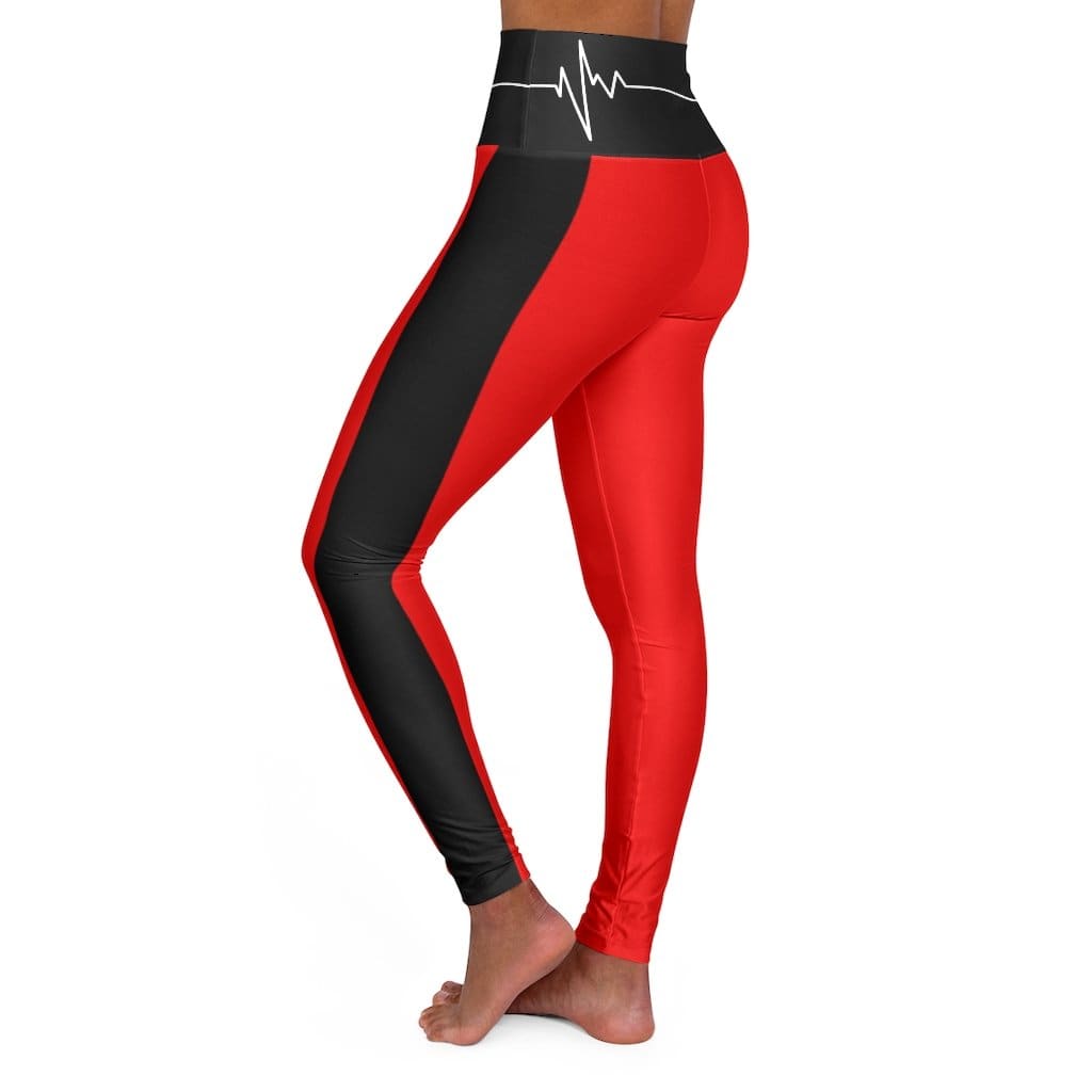 High Waisted Yoga Leggings - Red and Black White Bordered Beating