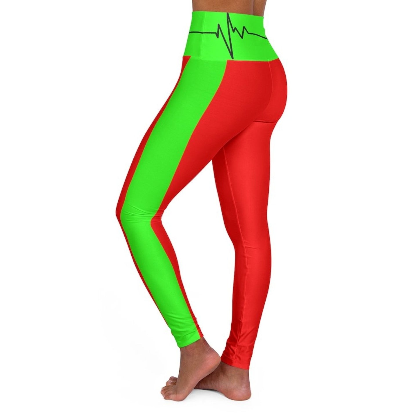 High Waisted Yoga Leggings - Red and Neon Green Beating Heart Sports
