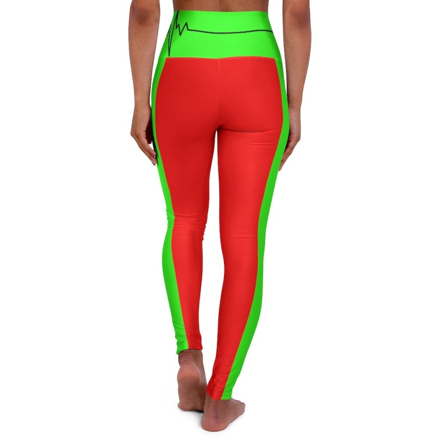 High Waisted Yoga Leggings - Red and Neon Green Beating Heart Sports