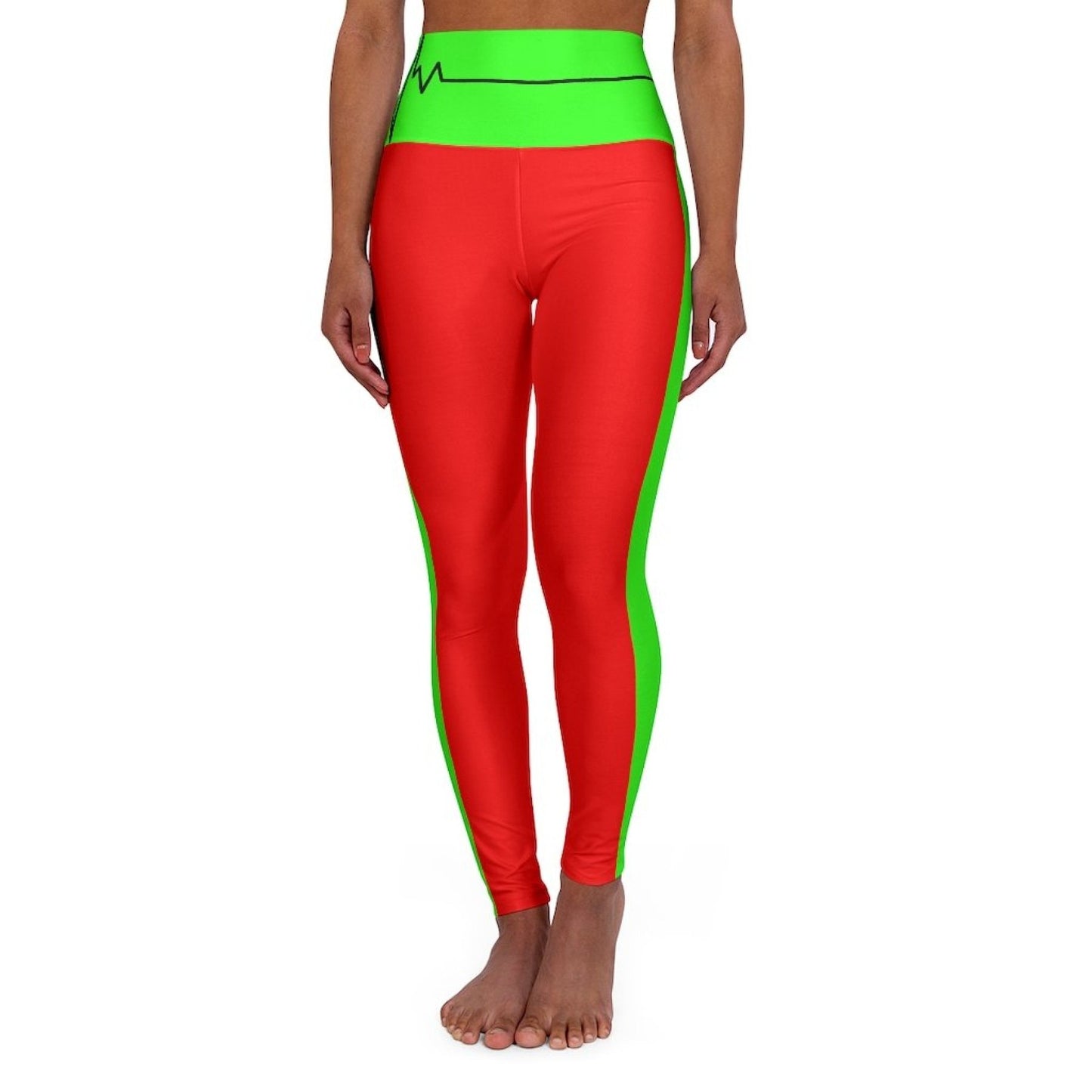 High Waisted Yoga Leggings - Red and Neon Green Beating Heart Sports