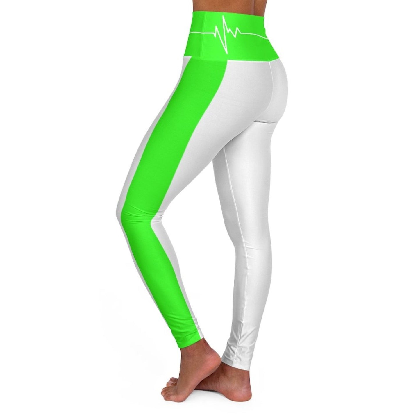 High Waisted Yoga Leggings - White and Neon Green White Bordered
