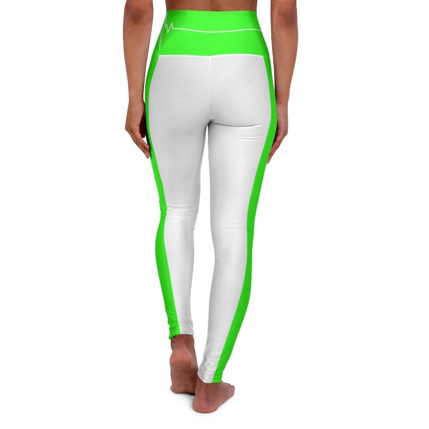 High Waisted Yoga Leggings - White and Neon Green White Bordered