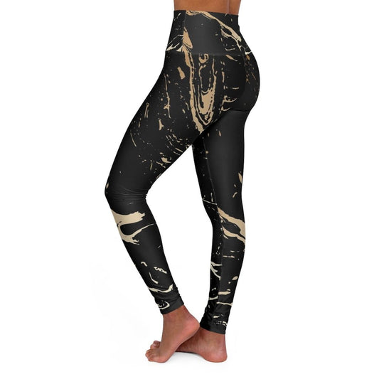 High Waisted Yoga Pants - Black and Gold Swirl Style Sports Pants