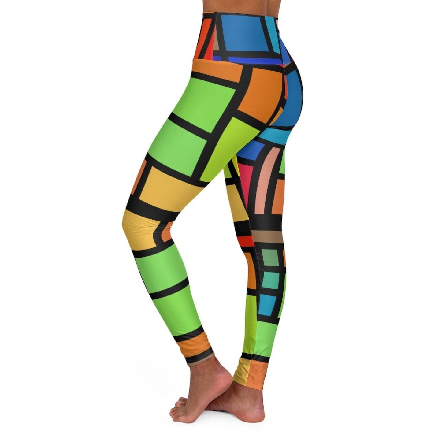 Womens High-waist Fitness Legging Yoga Pants - Multicolor Grid Block