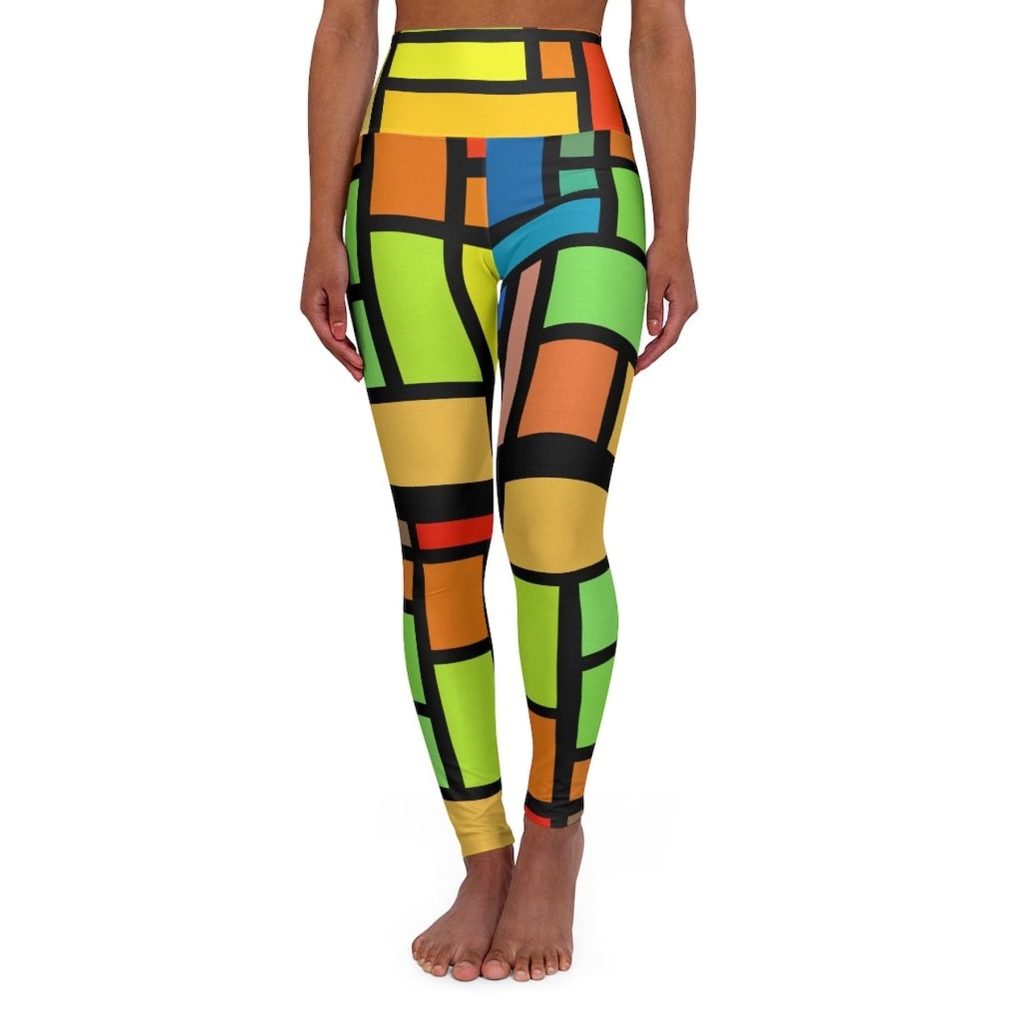 Womens High-waist Fitness Legging Yoga Pants - Multicolor Grid Block