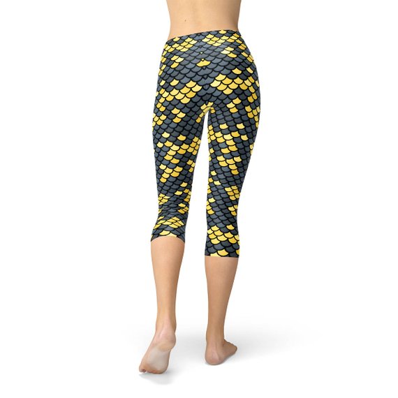 Mermaid Capri Leggings for Women with Dark Gray and Yellow Fish Scales