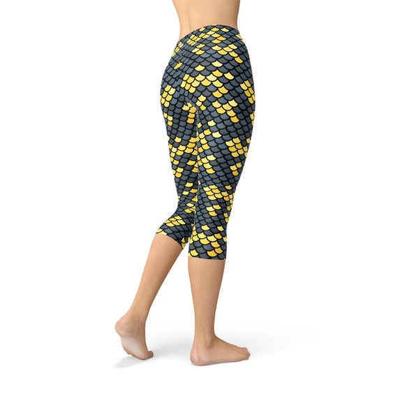 Mermaid Capri Leggings for Women with Dark Gray and Yellow Fish Scales