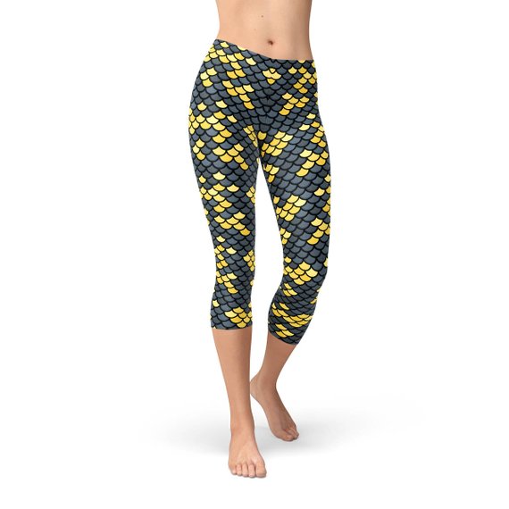 Mermaid Capri Leggings for Women with Dark Gray and Yellow Fish Scales