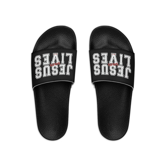 Mens Black Slide Sandals - Jesus Saves Lives - Christian Inpsiration