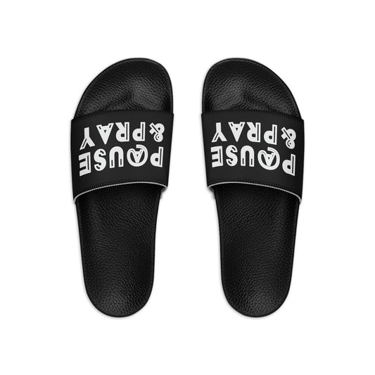 Mens Black Slide Sandals - Pause and Pray - Christian Inspiration