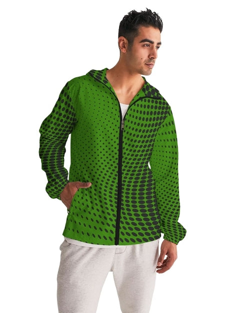 Mens Hooded Windbreaker - Green Polka Dot Water Resistant Jacket