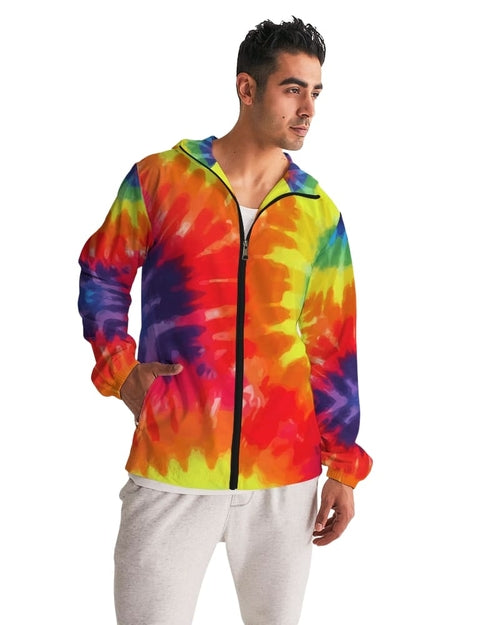Mens Hooded Windbreaker - Rainbow Tie-dye Water Resistant Jacket -