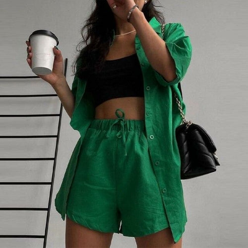 Summer Casual Women's Shorts Suits Green Streetwear Short Sleeve Shirt 2 piece