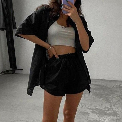 Summer Casual Women's Shorts Suits Green Streetwear Short Sleeve Shirt 2 piece