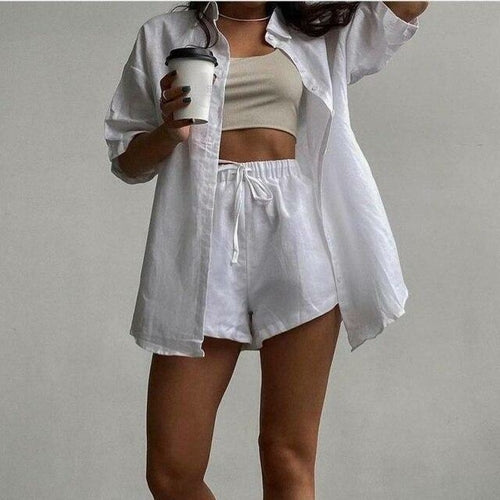 Summer Casual Women's Shorts Suits Green Streetwear Short Sleeve Shirt 2 piece