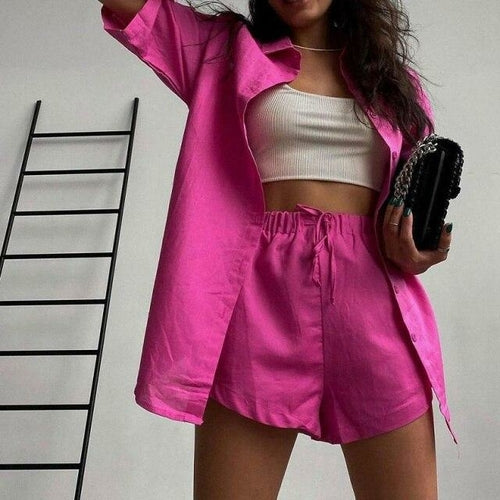 Summer Casual Women's Shorts Suits Green Streetwear Short Sleeve Shirt 2 piece
