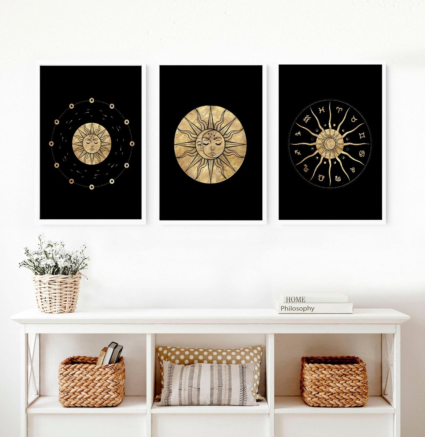 Sun and moon drawing | set of 3 framed wall art