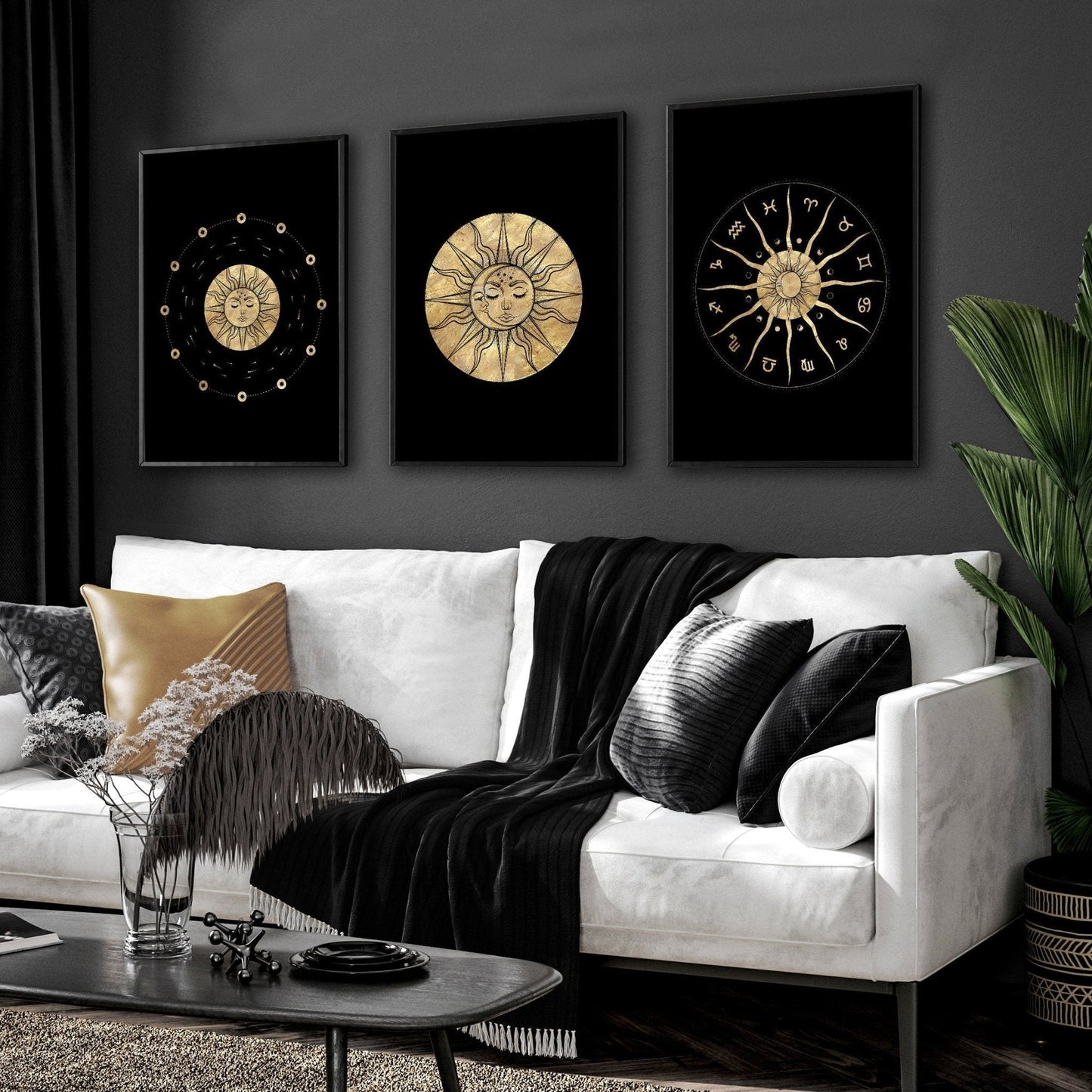 Sun and moon drawing | set of 3 framed wall art