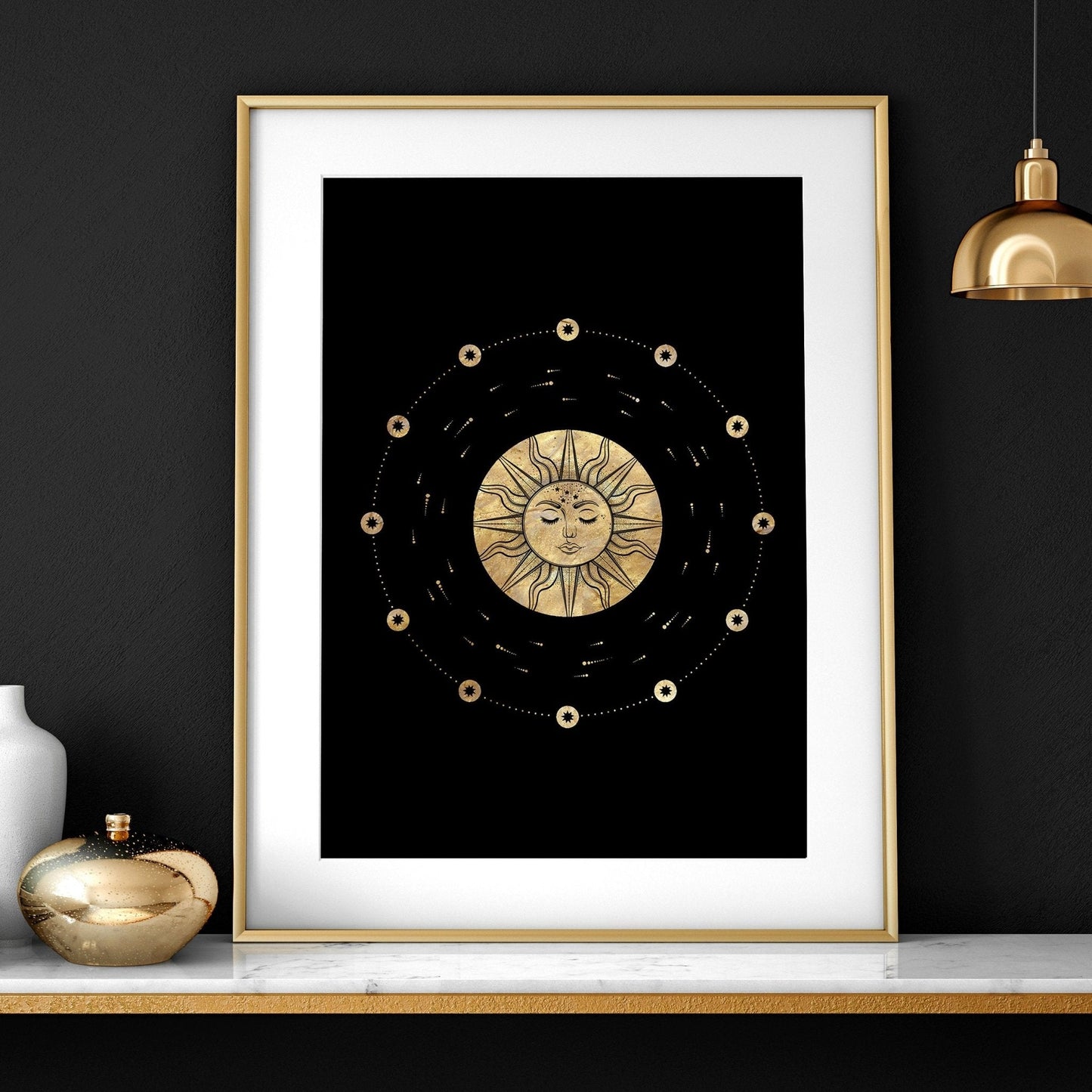 Sun and moon drawing | set of 3 framed wall art