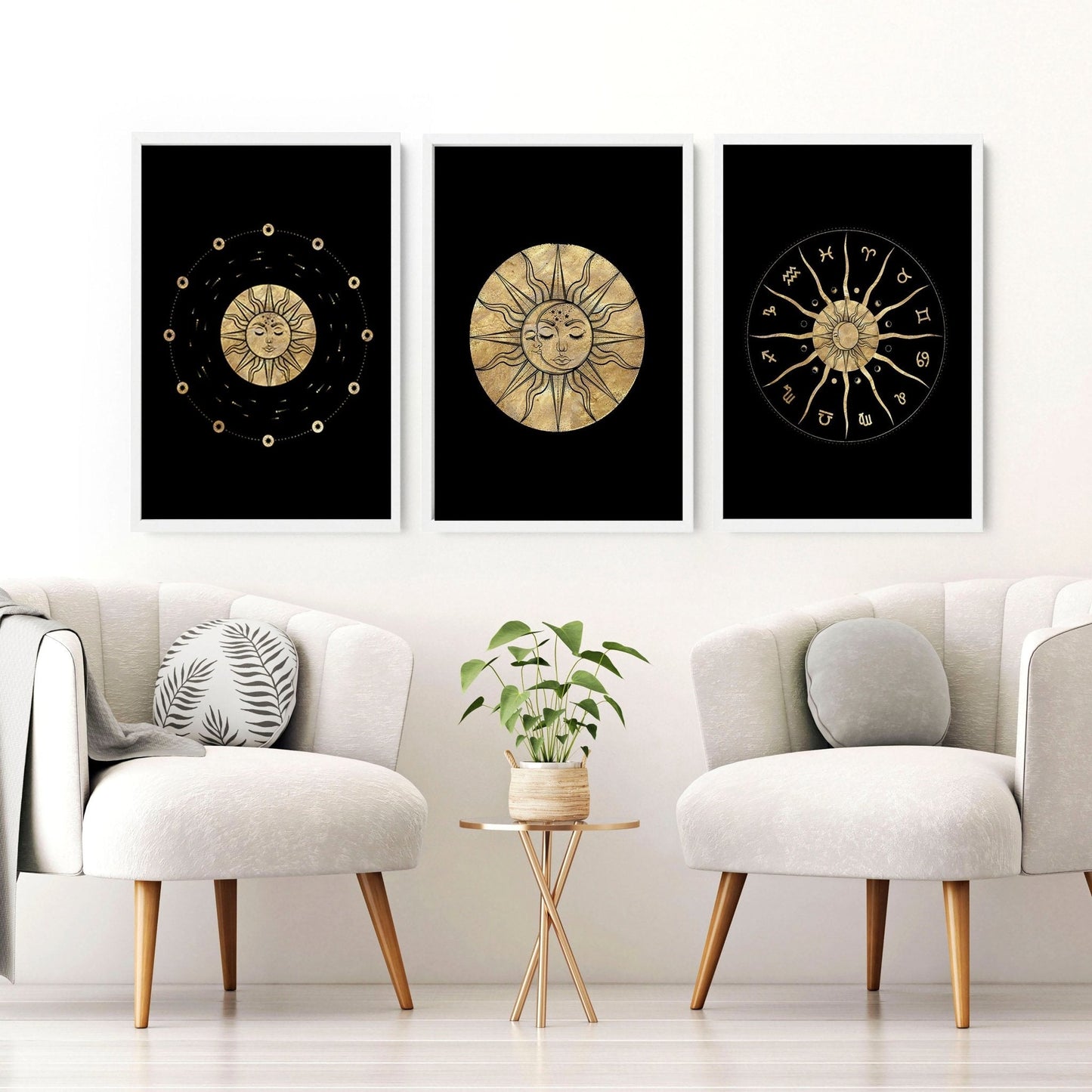 Sun and moon drawing | set of 3 framed wall art
