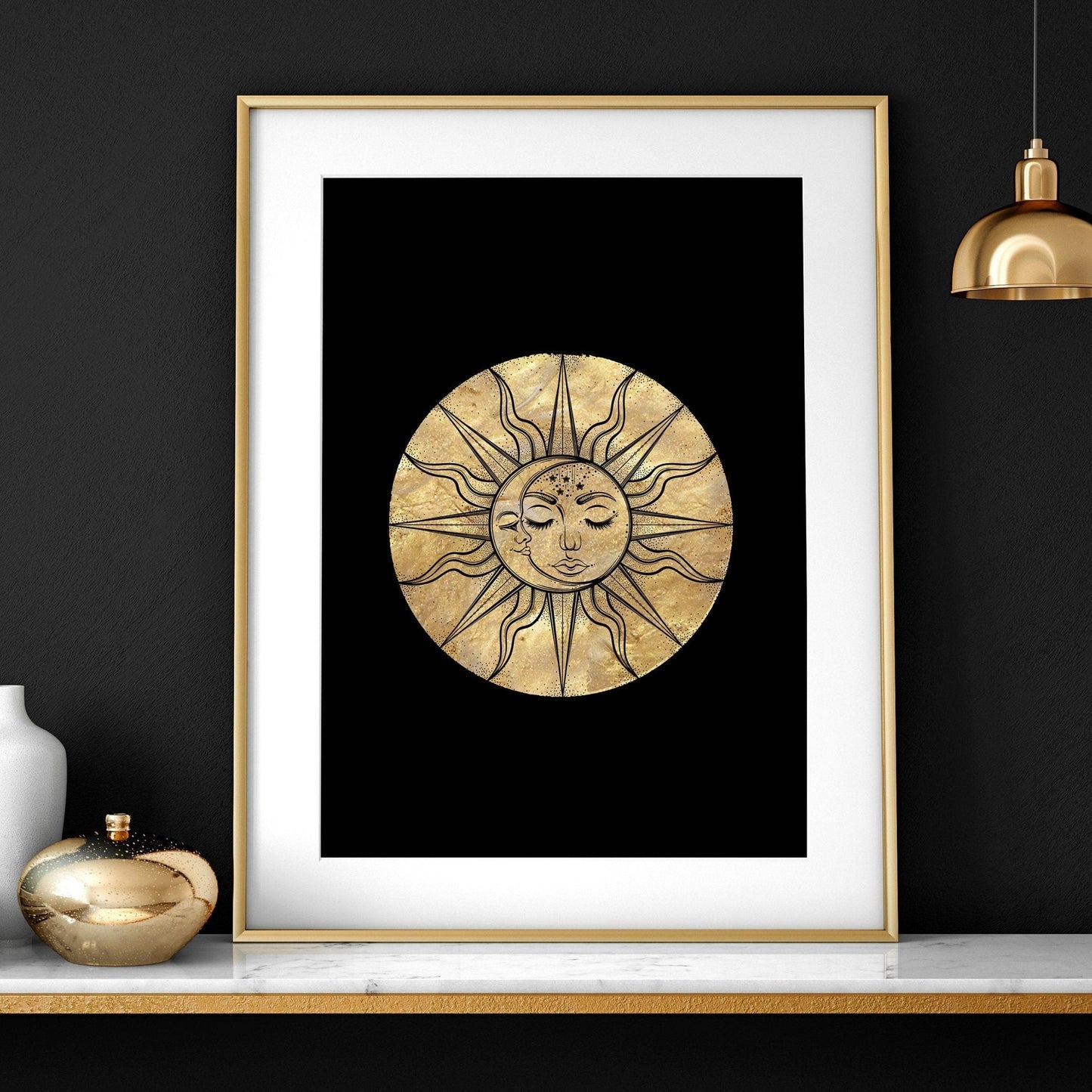 Sun and moon drawing | set of 3 framed wall art