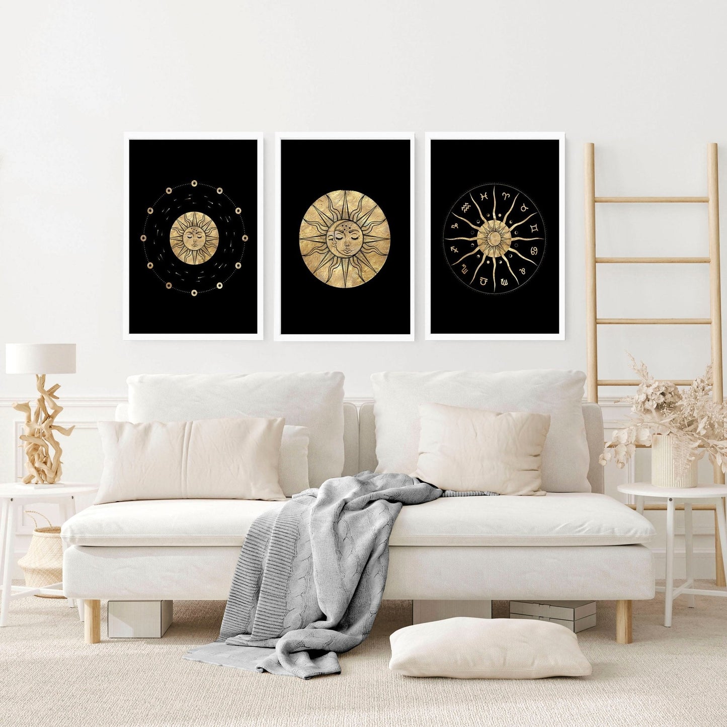 Sun and moon drawing | set of 3 framed wall art