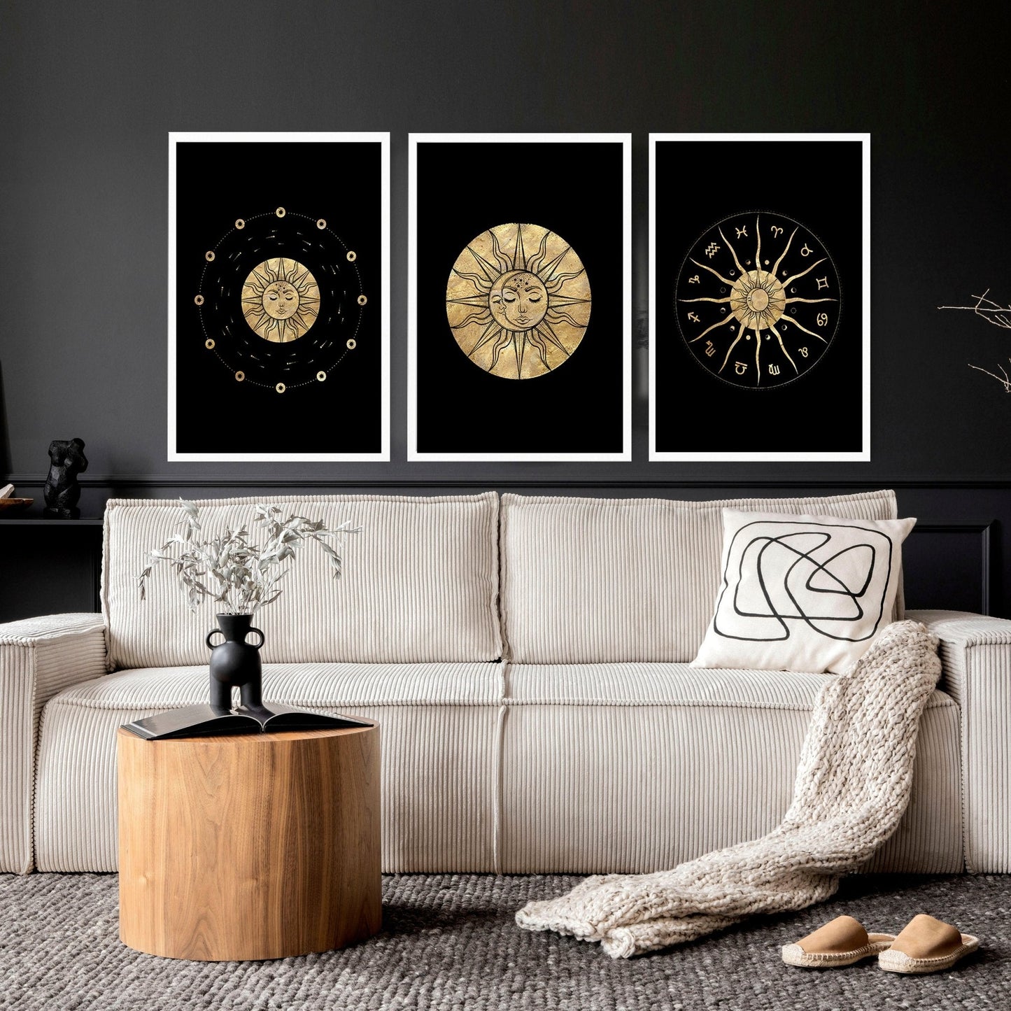 Sun and moon drawing | set of 3 framed wall art