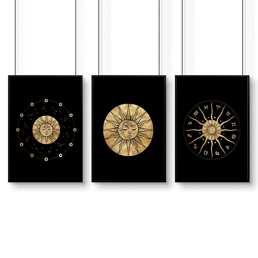Sun and moon drawing | set of 3 framed wall art