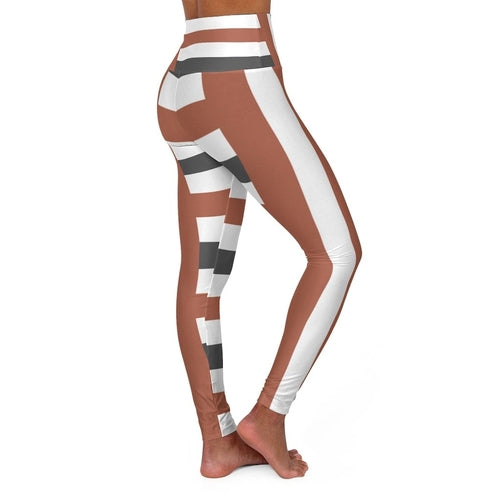 Womens High-waist Fitness Legging Yoga Pants - Brown Grey Stripped