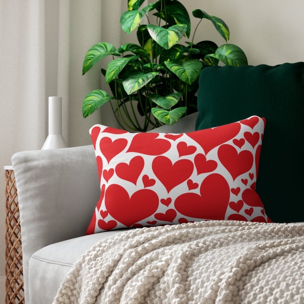Decorative Lumbar Throw Pillow - Love Red Hearts Pattern