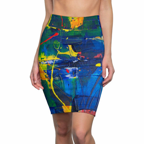 Womens Mini Skirt - High Waisted - Multicolor Abstract Pencil Skirt